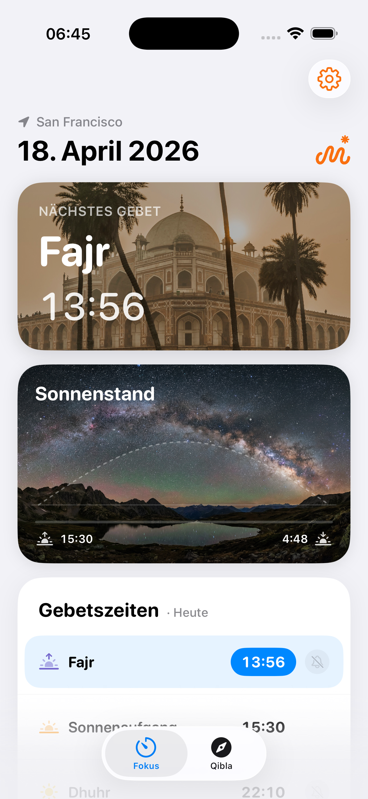 Muslim42 home screen with prayer times and sun position