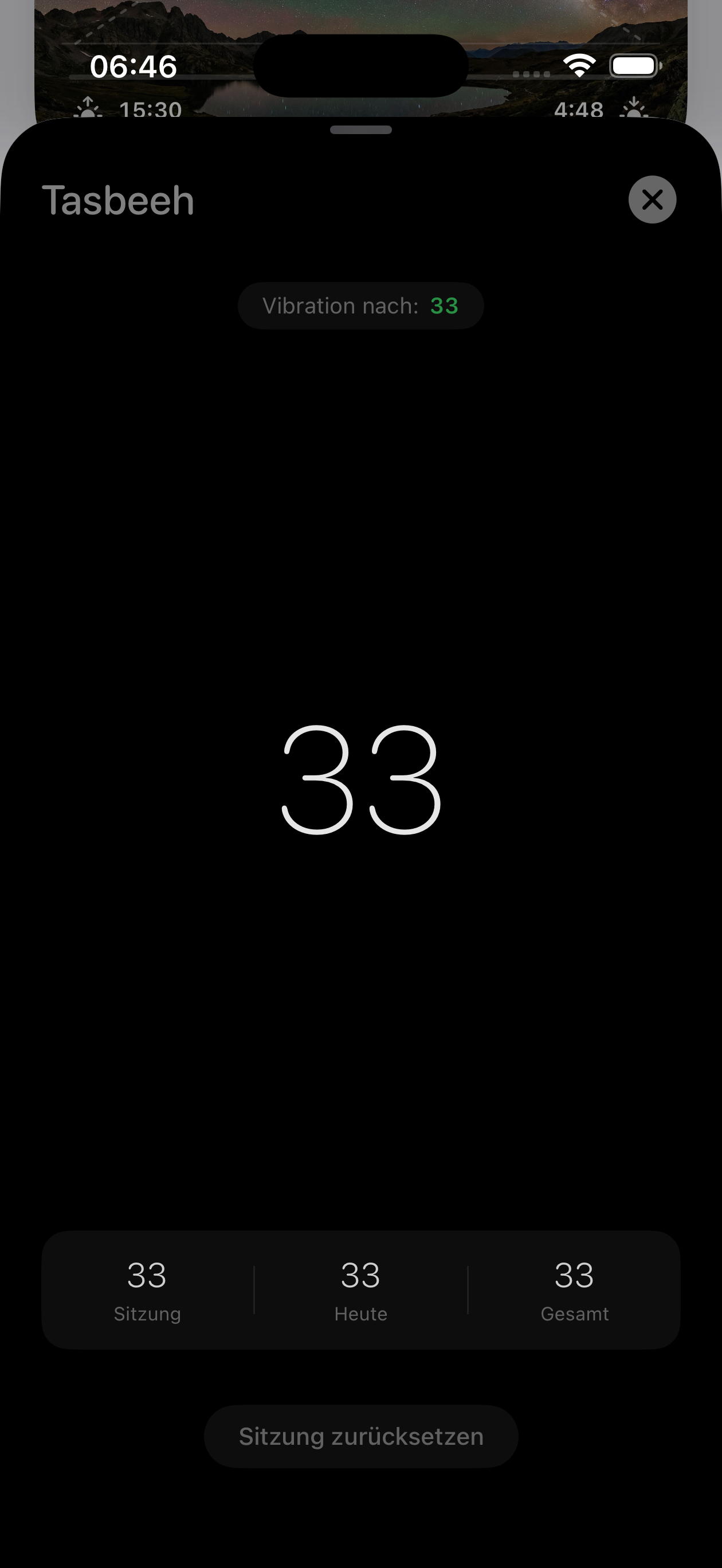 Tasbeeh counter in dark mode